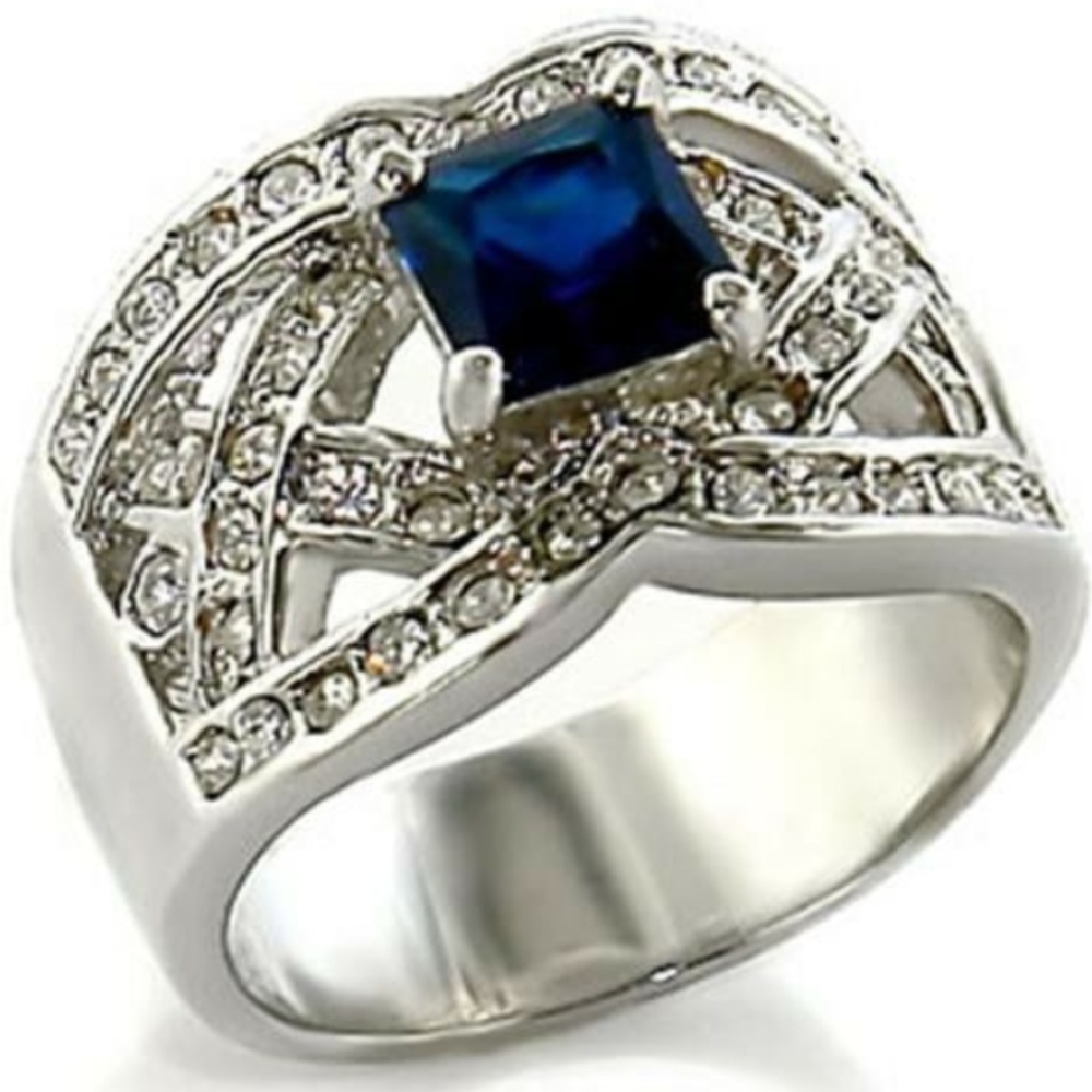 Silver Sapphire Art Deco Cocktail Ring Size 8 Blue Cubic Zirconia Rhodium Plated